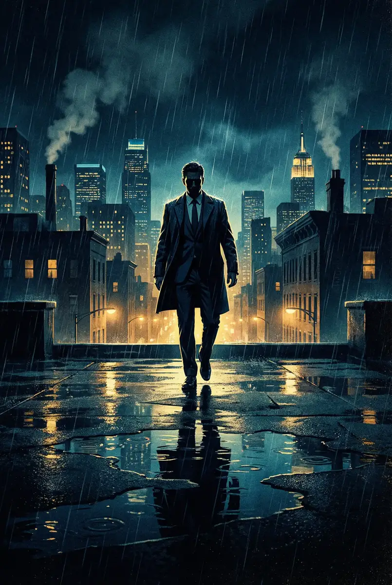 jmcomic官网 出品影片《雨夜独行者》海报，雨中城市屋顶男性剪影